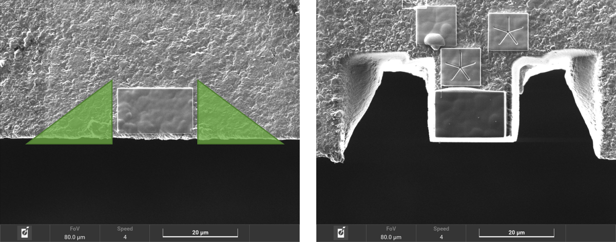 Ion beam micrograph showing the before (left) and after (right) milling of the side trenches