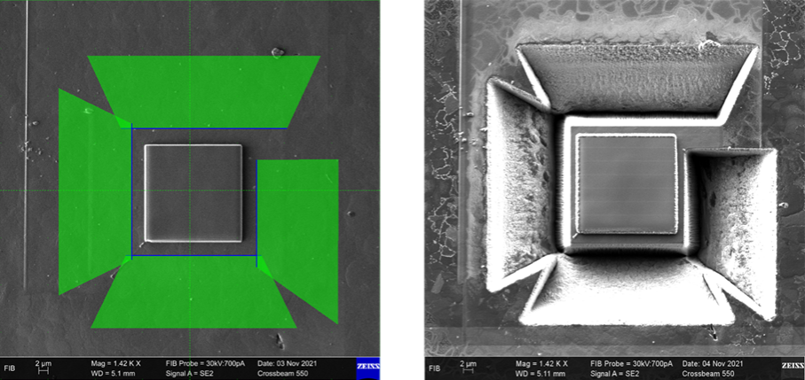Figure 2. Ion beam micrographs of the ROI before milling (left) and after milling (right), with the right image showing the connecting bridge. The blue line on the green shapes indicates the milling direction and will be the “polished” face, i.e. from outside moving in