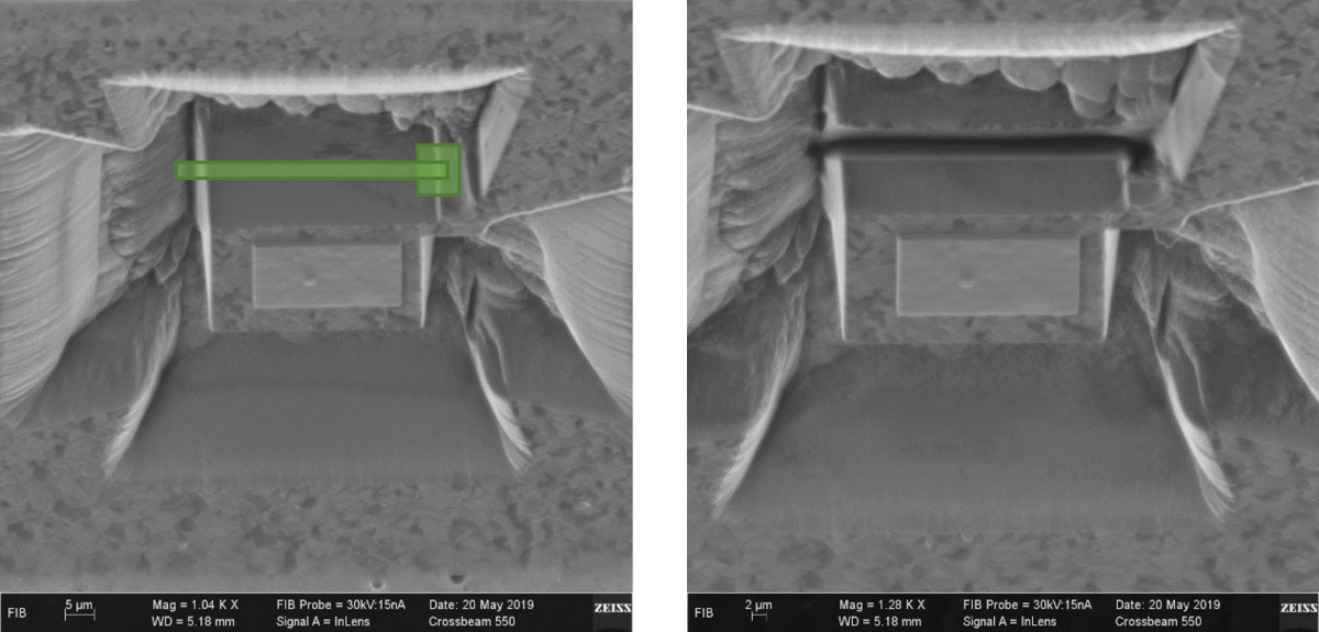 Figure 3. Ion beam micrograph showing before (left) and after (right) milling at 10 0. The left image shows milling boxes for removing material below the ROI and making the bridge thinner. Note, that for removing material below you should make sure the beam moves from low to high with respect to the surface (top to bottom as you see here) and the opposite for making the bridge thinner.