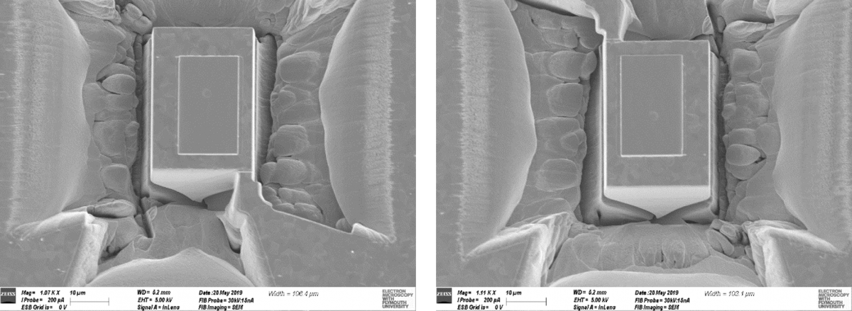 Figure 4. Electron micrographs showing the two adjacent sides, to check that the undercuts intersect