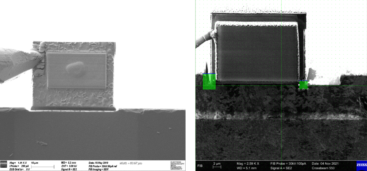 Figure 4. (left) electron micrograph showing the volume is almost in the correct place according to x and y, (right) ion beam micrograph showing the volume being in the correct place according to z and x, with the green boxes showing the initial “weld” points to attach the volume