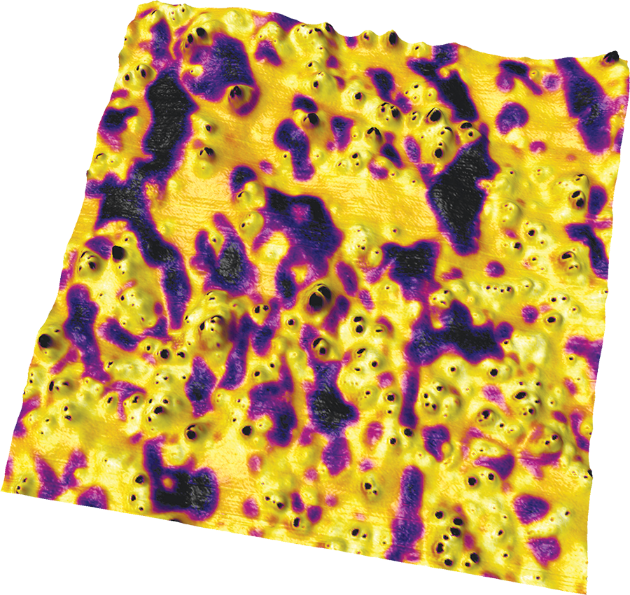A tire rubber blend containing epoxidized natural rubber, polybutadiene rubber, and silica nanoparticles was imaged using bimodal AFM. The image reveals how the blend consists of a continuous phase of natural rubber (yellow/orange areas) containing isolated inclusions synthetic rubber (purple patches) and how the silica particles (black dots) are dispersed almost exclusively in the natural rubber.