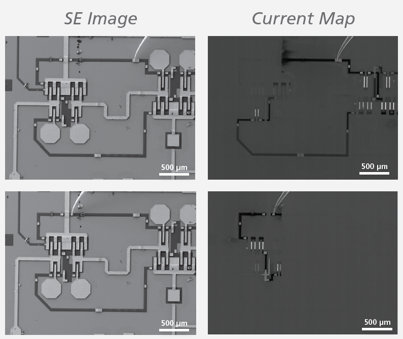 Measured current map used to identify location of broken circuit by having manipulator make contact at different locations along the faulty track.