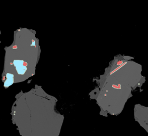 Bright phase map generated using separate EDS and BSE detectors. Red = Apatite, Blue = Magnetite, Grey = pyroxene