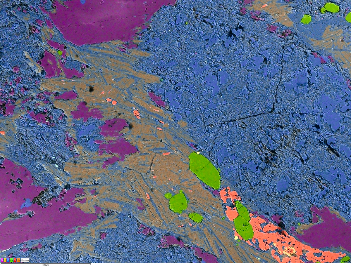 BEX image of granite sample highlighting accessory apatite (green) and major mineral phases (other colour)