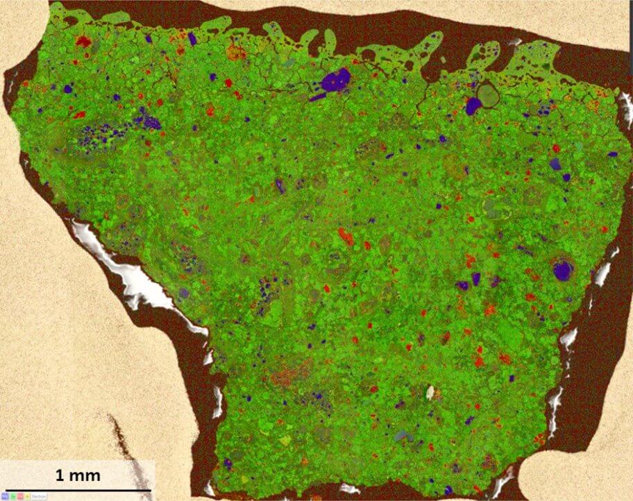 Montaged image showing a large area EDS map of the Winchcombe meteorite