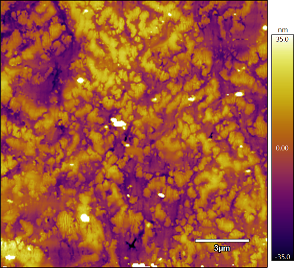Topography of a tribofilm formed after only six hours of wear on a macroscale sliding ball tribometer. The scan area shown here is 15 µm, but Asylum Research AFMs can inspect such interfaces at scales ranging from a few nanometers to over 100 µm. The Jupiter XR large-sample AFM can accommodate samples up to 210 mm in diameter, enabling measurements on actual components.