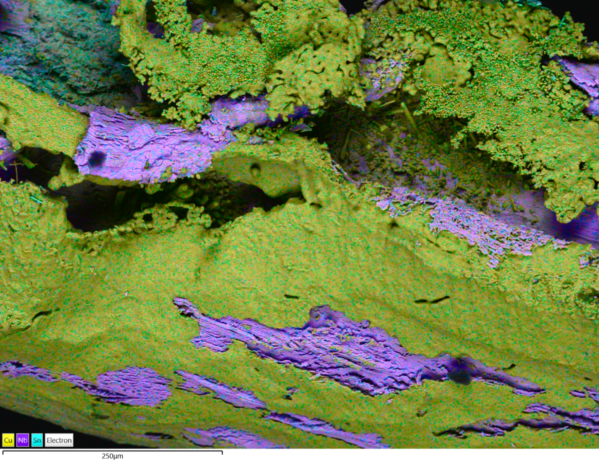 SEM-BEX image showing the rough surface of a wire with colours corresponding to different layer composition.