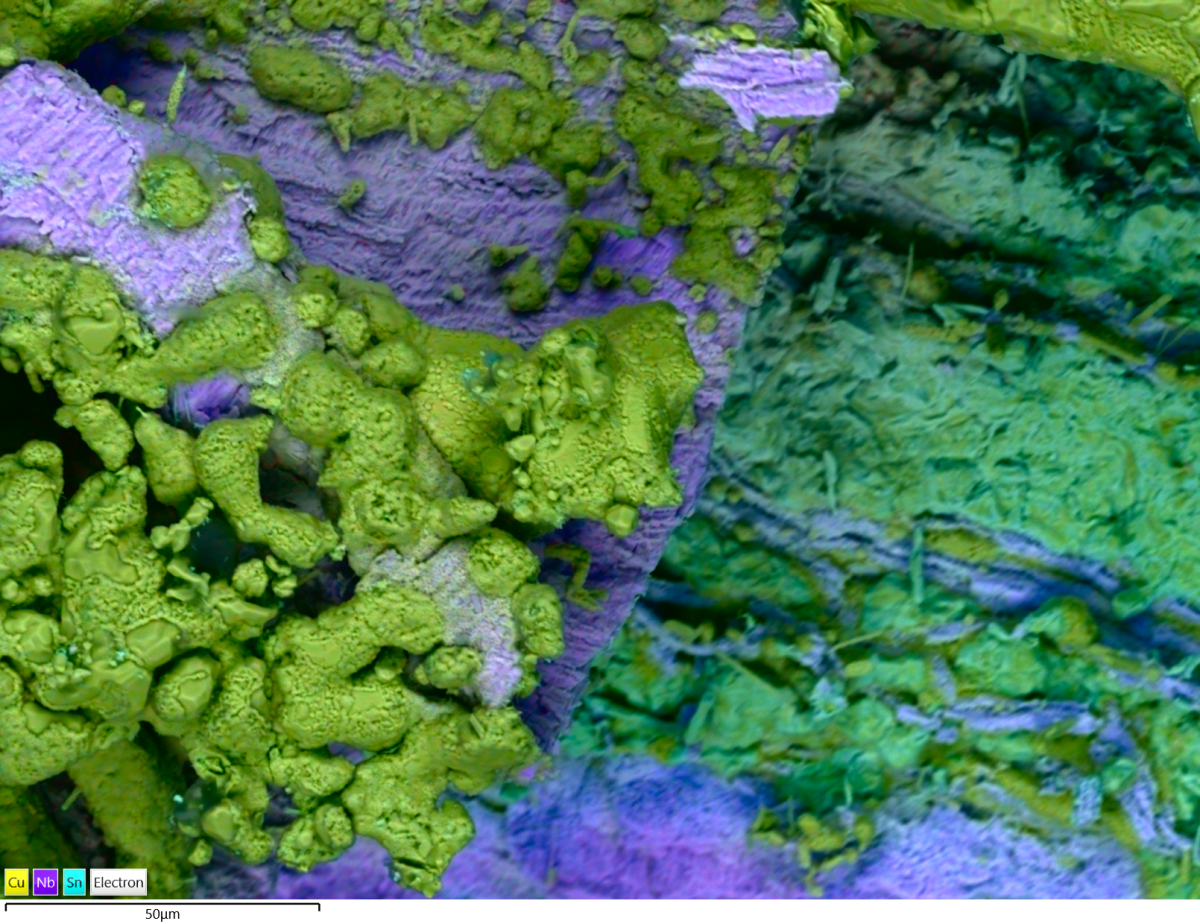 SEM-BEX image of rough wire surface where the top layers have completely peeled off revealing the bottom compositional layer