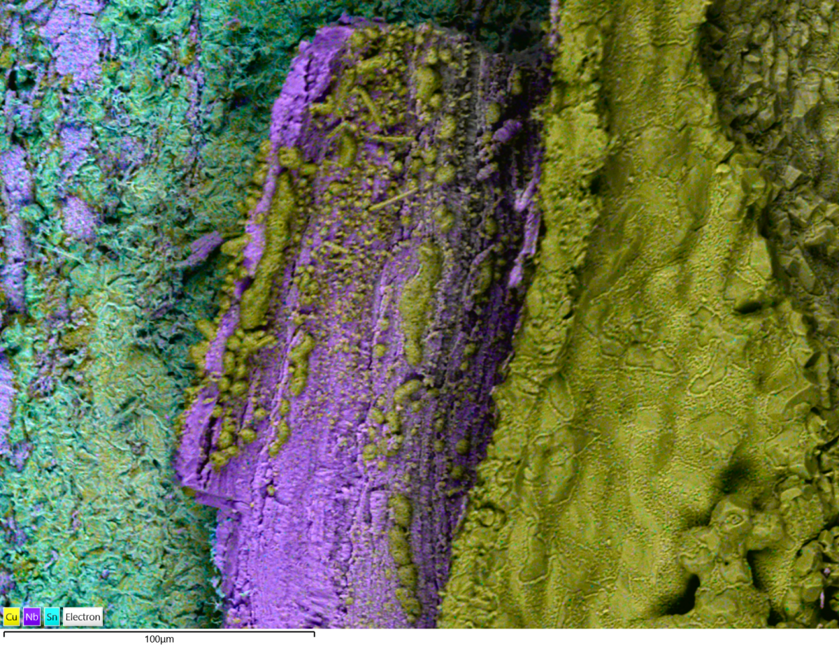 SEM-BEX image of the three different wire layers showing different surface roughness and elemental composition