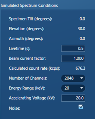 Settings box in AZtec LayerProbe to input parameters for accurate spectrum simulation including noise