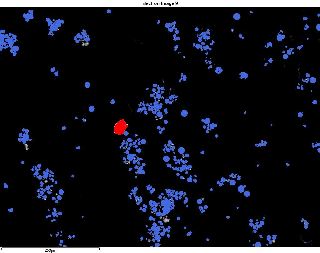 Contamination detection of tin particle in NCM811 precursor powder particles with SEM-EDS.