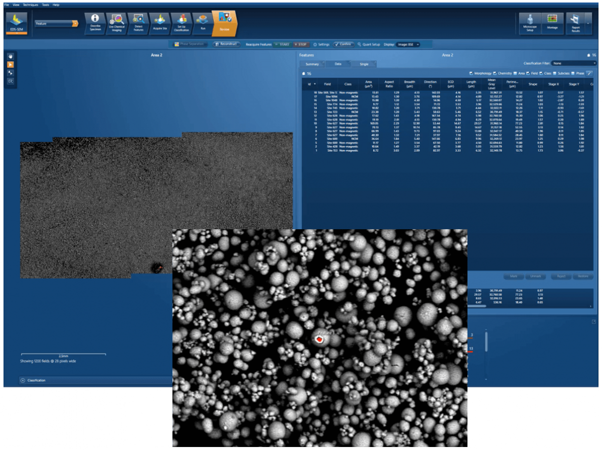 Automated particle analysis of a battery powder sample – hunting for contaminants in an NCM powder.