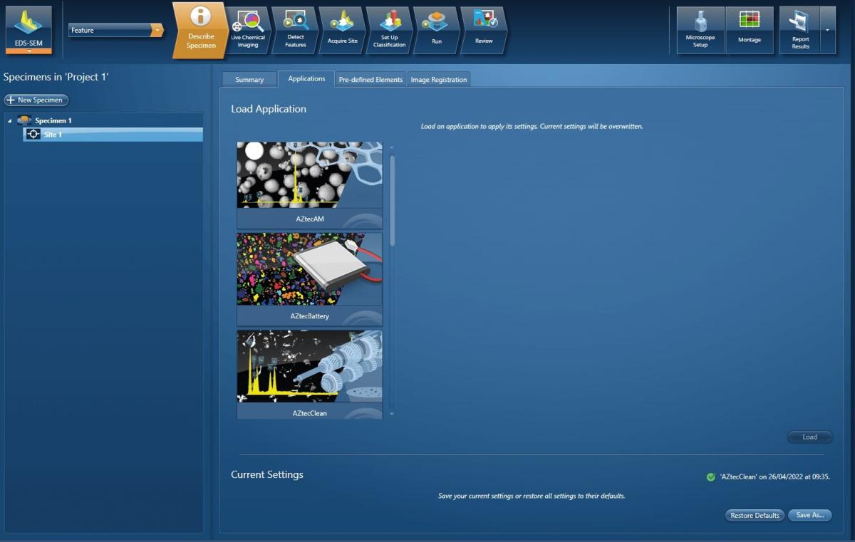 Figure 1: Multiple profiles containing application recipes in AZtecFeature (profiles shown are AZtecAM for Additive Manufacturing Powders, AZtecBattery for Battery manufacturing powders and AZtecClean for Technical Cleanliness analysis).