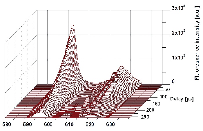 Figure 3. Development of the solvated Eu(III) emission band as function of the delay time, [Eu(III)] = 1.8·10-5 mol L-1 in 0.01 mol L-1 HClO4.