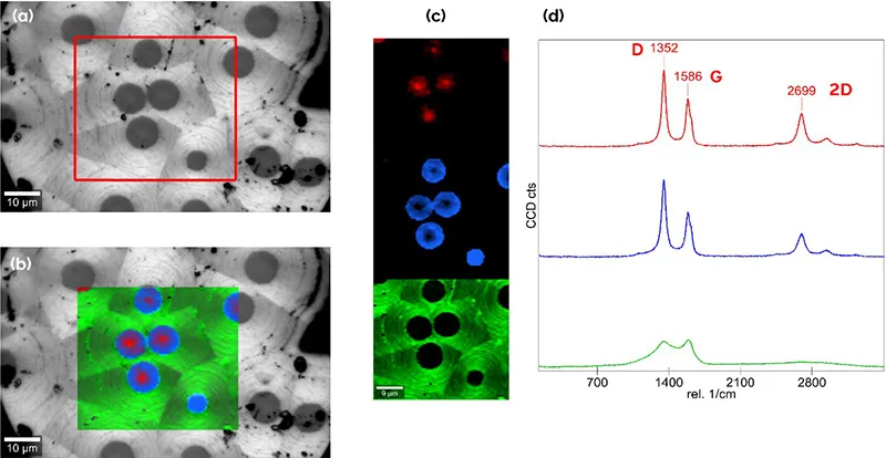 Raman analysis of glassy carbon fibres in a carbon matrix.