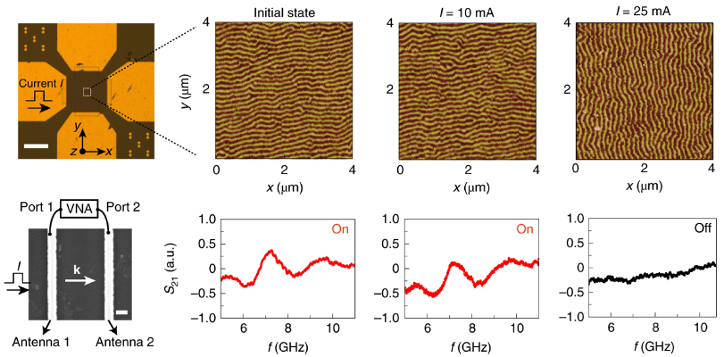 Current-switching experiments for reconfigurable spin-wave propagation: Optical and scanning electron micrographs of device; MFM images and corresponding spin-wave transmission signal for device in initial state and after 10 μs current pulses of 10 mA and 25 mA.