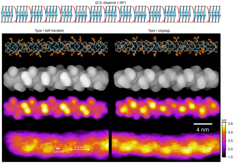 Comparison of modeling and AFM experimental results for left-handed and zigzag Type I G-wires.