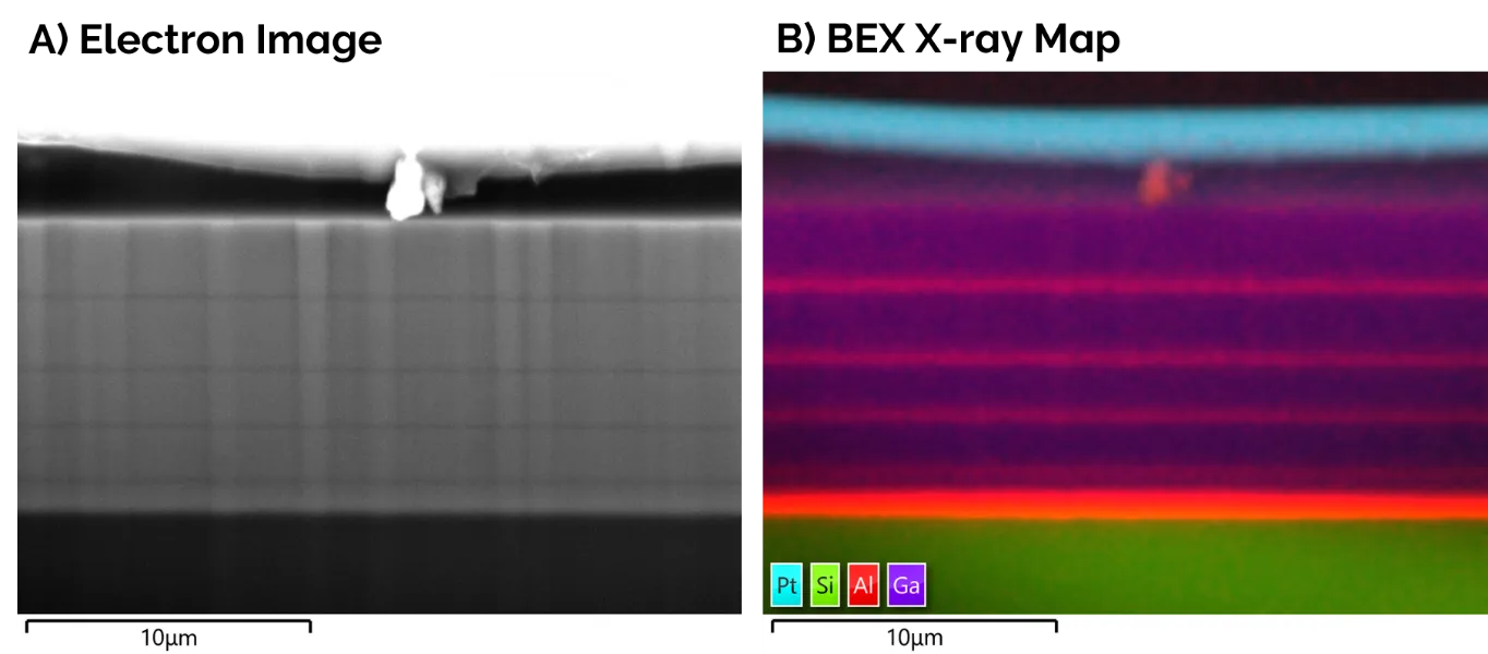 Electron and BEX image of GaN device cross-section tilted at 45°.