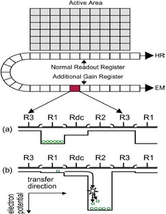 Signal amplification by electron impact ionization – EM gain. Schematic shows charge being clocked through the EM register and being amplified in the process