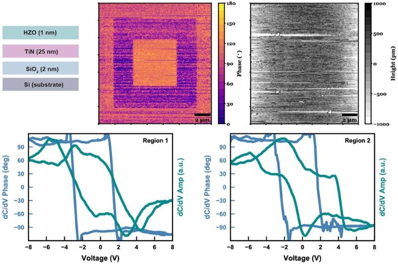 Schematic of HZO heterostructure; SCM phase image and corresponding topography image; SCM dC-dV spectroscopy loops