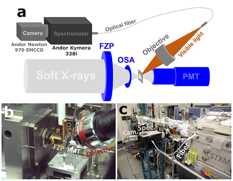 Figure 1: Schematic representation (a) and photographs (b, c) of the XEOL set-up as implemented in the STXM at the HERMES beamline at synchrotron SOLEIL.