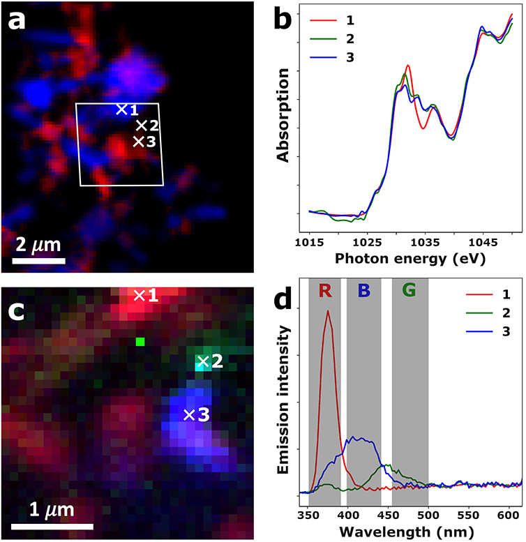 Figure 2: Correlative XAS-XEOL images recorded on a ZnO crystallite agglomerate of the ZnO-L sample