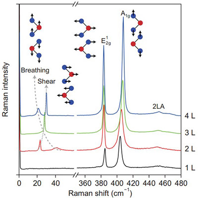 Figure 18:  Raman spectra of MoS2 as a function of layer number. Additional Raman modes become apparent as the number of layers is increased.