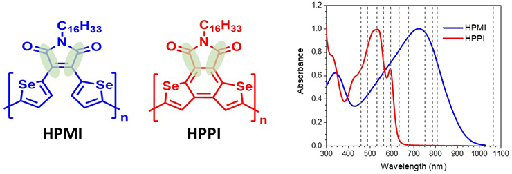 The structures of conjugated polymers HPMI and HPPI.