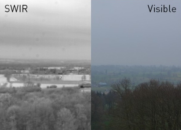 Demonstration of the increased range achieved by imaging at SWIR wavelengths instead of visible wavelengths.