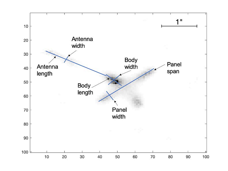 Cosmos 1656 image: shape and angular/physical size analysis.