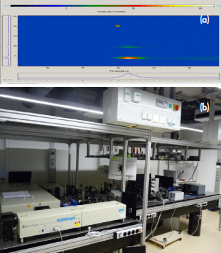 Figure 3 (a) Image of the CCD and spectra from three different sources (SHG reference and two photon luminescence from different sample positions). (b) Photograph of the femtosecond laser system for resonant SHG and the detector consisting of spectrograph and CCD cameras (right hand side).