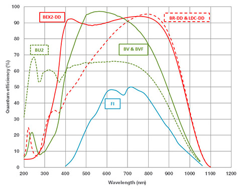 Typical QE performance at +25ºC of front-illuminated, back-illuminated visible-optimized, UV-enhanced silicon back-illuminated and back-illuminated deep-depletion CCDs with NIR AR-coating and broadband dual AR-coating