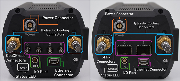 The two interface configurations for CB2. The connectors for CB2's integrated liquid cooling are also visible. CB2 provides data ports compatible with either CoaXPress 2.0 (left; 12.5 Gb/s per cable) or GigE Vision (right; 10 Gb/s per outlet).