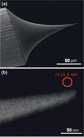 Scanning electron microscopy images of the tip examined in the field ion microscope