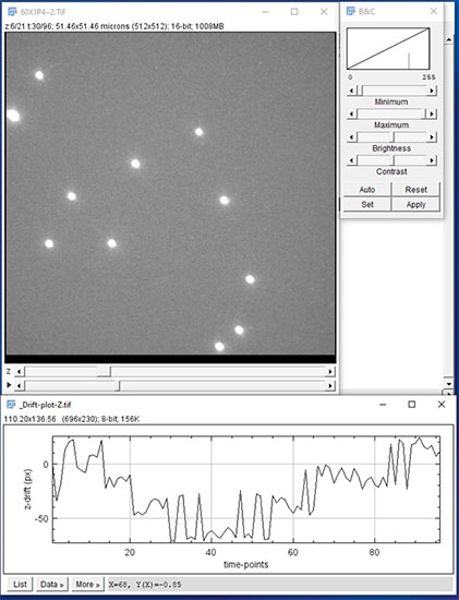 Figure 13 When the processing is complete (several to many minutes depending on data size) the results are saved in TIF format, and XY and Z drift  plots are saved in TIF file graphics. Above we see the corrected 4D data set and estimated Z drift vs time. 