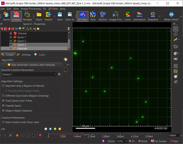 Figure 2 Create a New Spots Object and name it Fiducials. Before Spots segmentation, ensure “Track Spots” is checked. The track displacements will be used to correct the voxel data drift. 