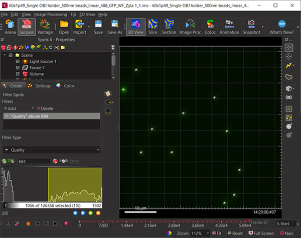 Figure 3 Use the Quality and time sliders to ensure the beads are selected across all time points. Objects are shown above as grey spheres – note the Time slider (bottom of dialog) is far to the right indicating later time points.  