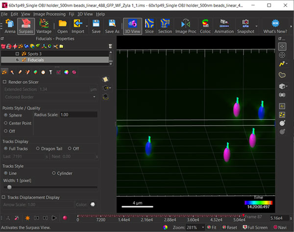 Figure 4 Once the tracks are created through the wizard you can visualize the segmented fiducials and overlay the tracks or parts thereof. 