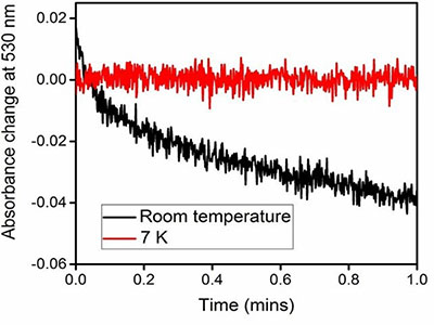 Absorbance change at 530 nm upon illumination of methyl-cobalamin in 1,2-propanediol with an LED at 532 nm at 7 K and at room temperature. 