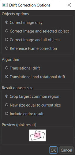 Figure 6 When the fiducials have been identified and tracked through time (Tracks), you will be able to use the Tracks to corrected the drift in the image (voxel) data with various options as shown in the dialog. You should include the image to correct your raw data. 