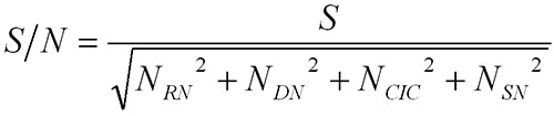 For CCDs, it can be defined as follows -S is the photon signal, NRN the readout noise, NDN the dark noise, NCIC the spurious charge noise or clocking-induced discharge and NSN the incoming signal shot noise