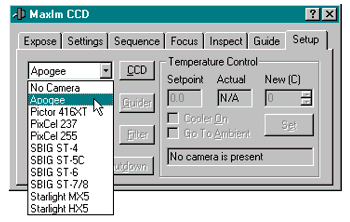 The MaxIm CCD window opens with the Setup tab active - select 