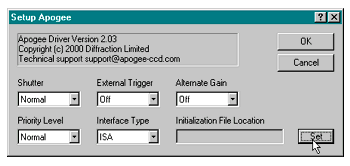 In the Setup Apogee window, click the Set button to specify the path so that MaxIm can find the camera INI file