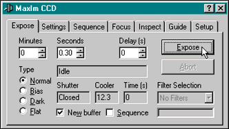 Click on the Expose tab of the MaxIm CCD window to set the exposure parameters