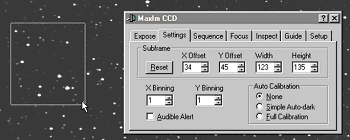 The Settings tab of the MaxIm CCD window is where you set frame size and calibration parameters