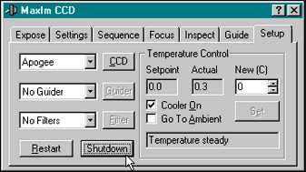 Before exiting MaxIm, you must first shut down the camera using the Shutdown button under the Setup tab of the MaxIm CCD window