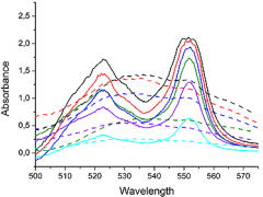 Figure 3: UV/VIS spectra of CcO before (dotted lines) and after (full lines) photoexcitation with the flash lamp