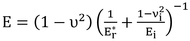 E = (1 - ν2)  [(1 / Er* )+ (1 - νi2) / Ei )]−1