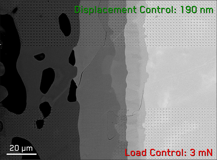 Grids of indentations made across the Ni-Ta diffusion junction in both load and displacement control, illustrating the inconsistent indent size in load control.